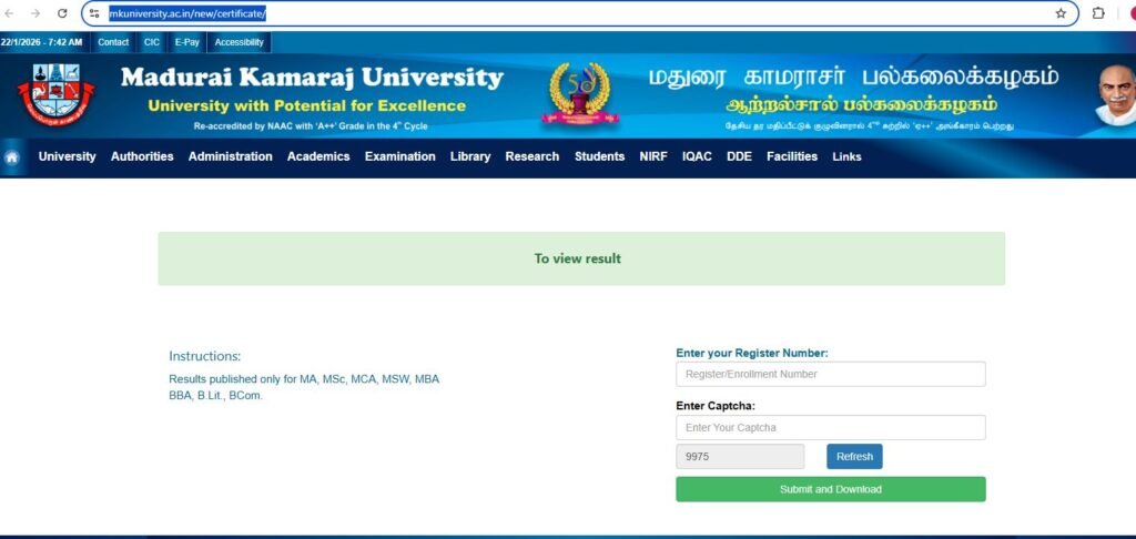 Madurai Kamaraj University Result 2026 Login Portal Screen
